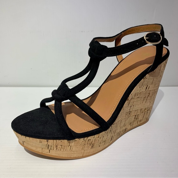 BRAND NEW H&M Black Sz 9.5 Strappy Cork Wedges Velour Feel Straps Platform’s - Picture 3 of 11